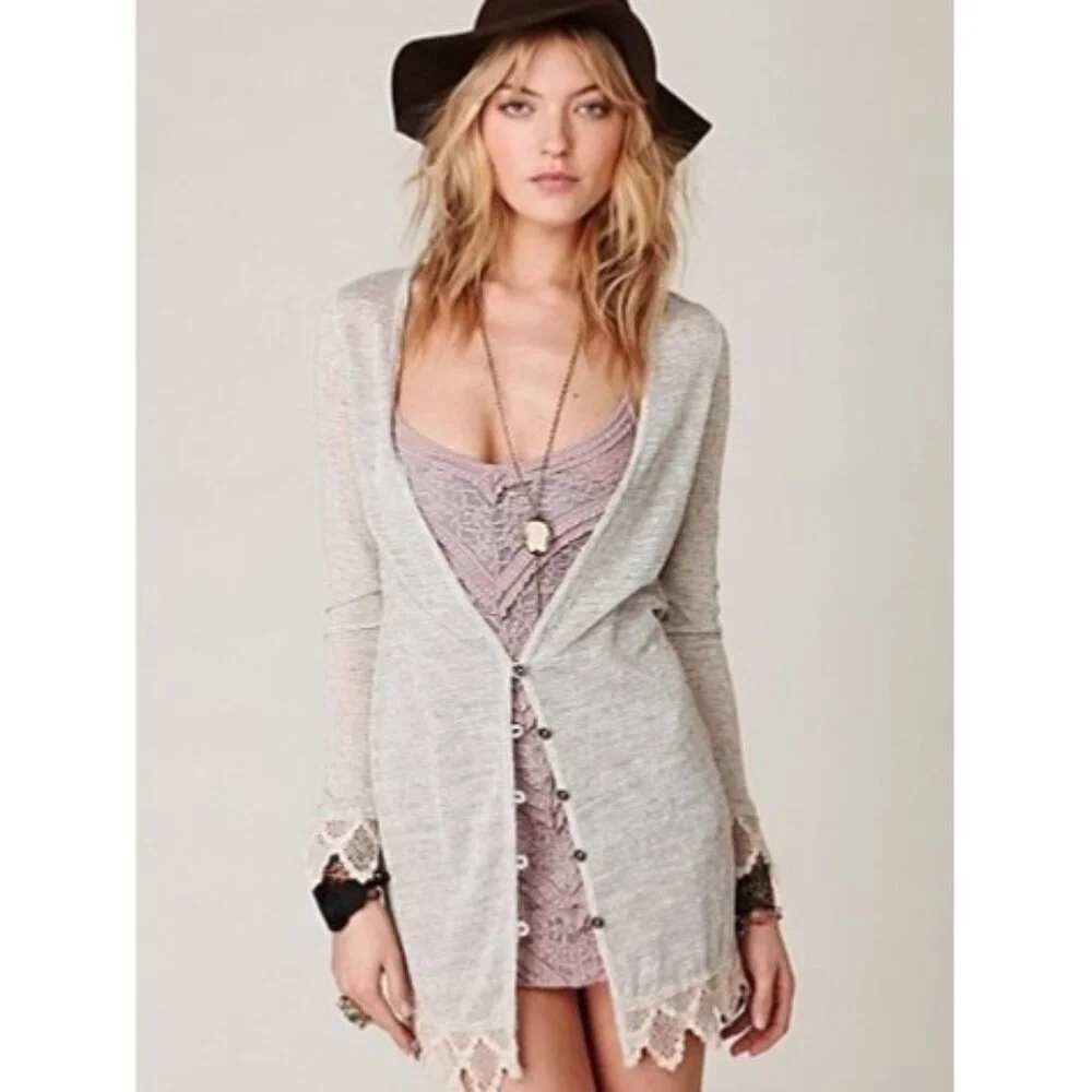 Vintage Free People Crochet Lace Trim Button-Down Slub Knit Linen Blend Cardigan